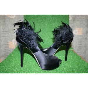 New Enzo Angiolini Torrez Black Satin & Feathers Open Toe Pumps 7.5 M